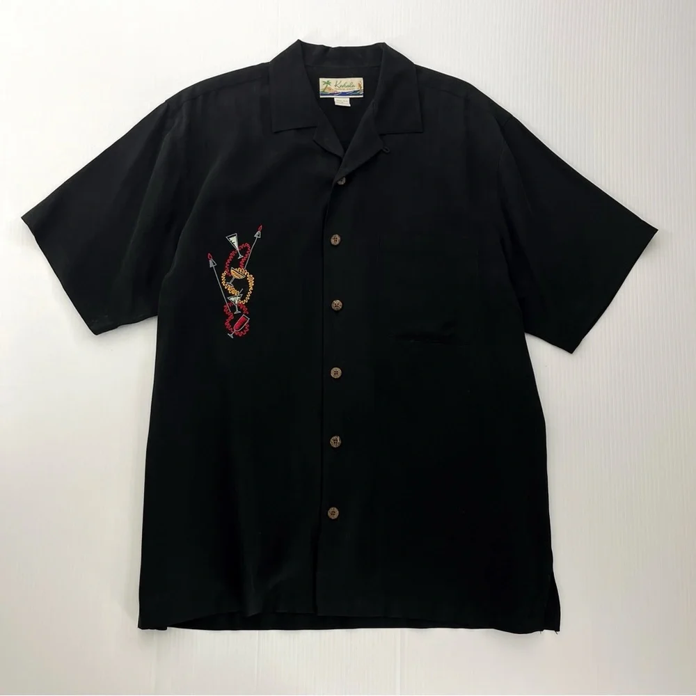 Kahala Hawaiian Islands Black Aloha Lounge Silk Button Down Shirt Top